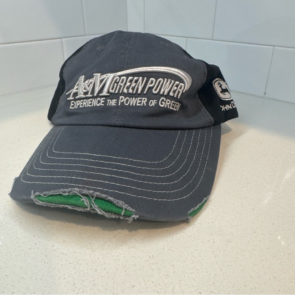 A&M Green Power Gray and Green Cap John Deere distressed hat